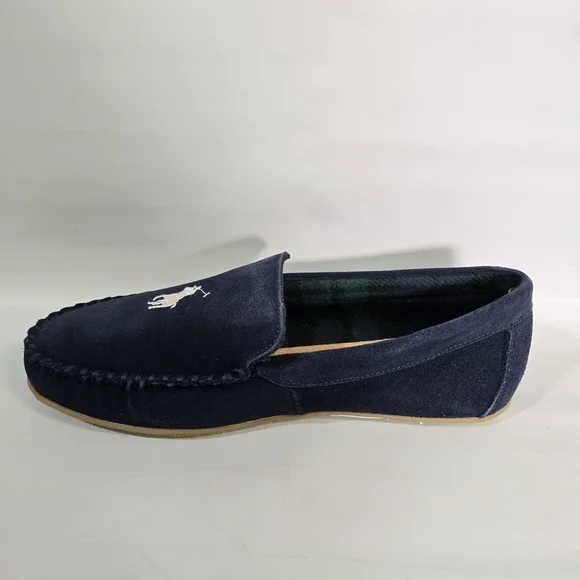 Polo Ralph Lauren Collins Suede Leather Slippers Mens 10 Navy Memory Foam NIB